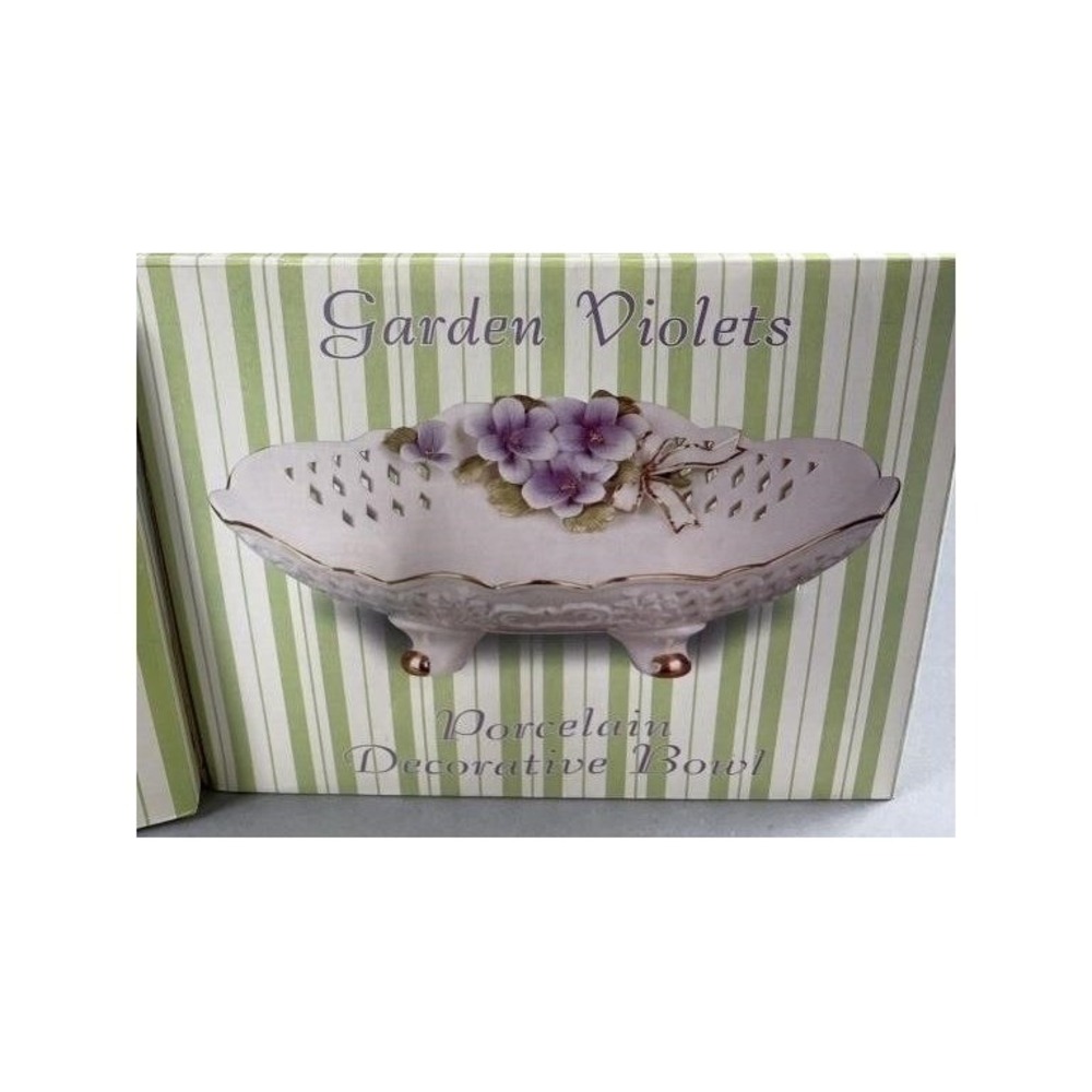 Garden Violets Porcelain Decorative Bowl Footed Reticulated Floral Gold Trim New